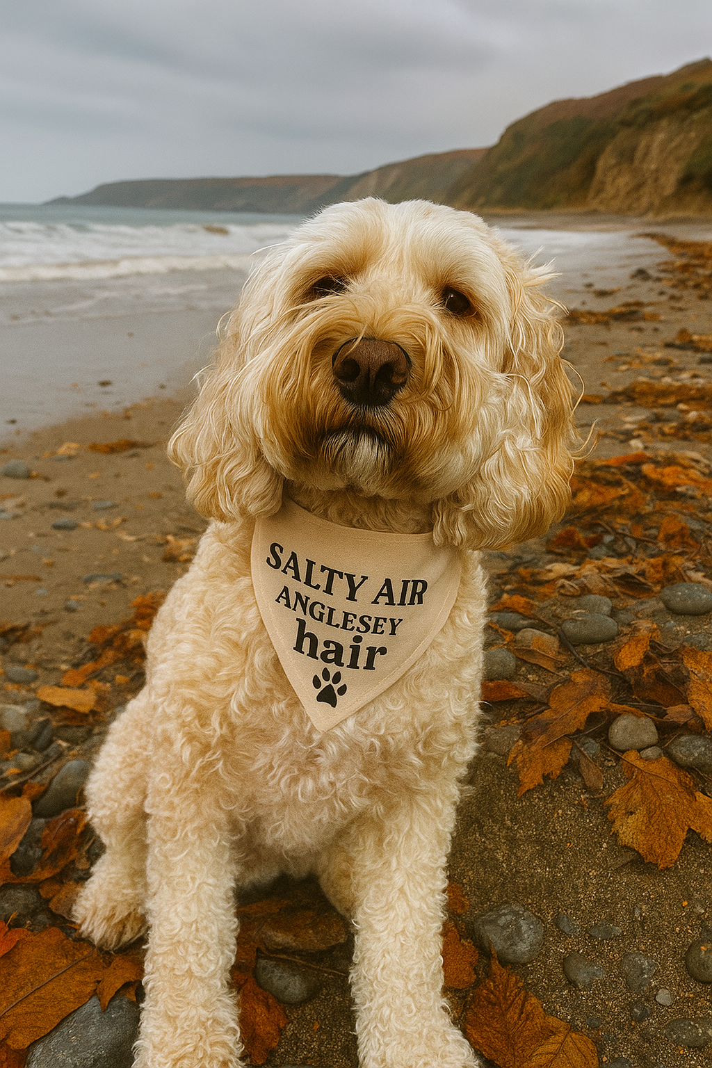 Handmade in the UK - Salty air, Anglesey hair Dog Bandanas in Almond š¾