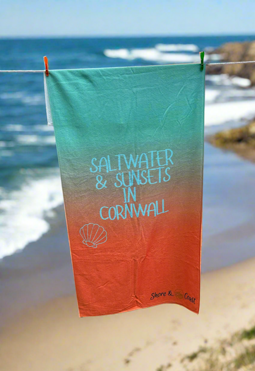 Saltwater & Sunsets in Cornwall Beach Towel Mint & Orange Ombré 🍃🧡