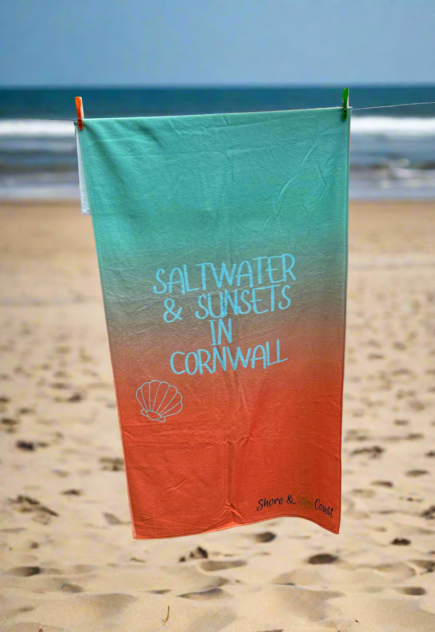 Saltwater & Sunsets in Cornwall Beach Towel Mint & Orange Ombré 🍃🧡