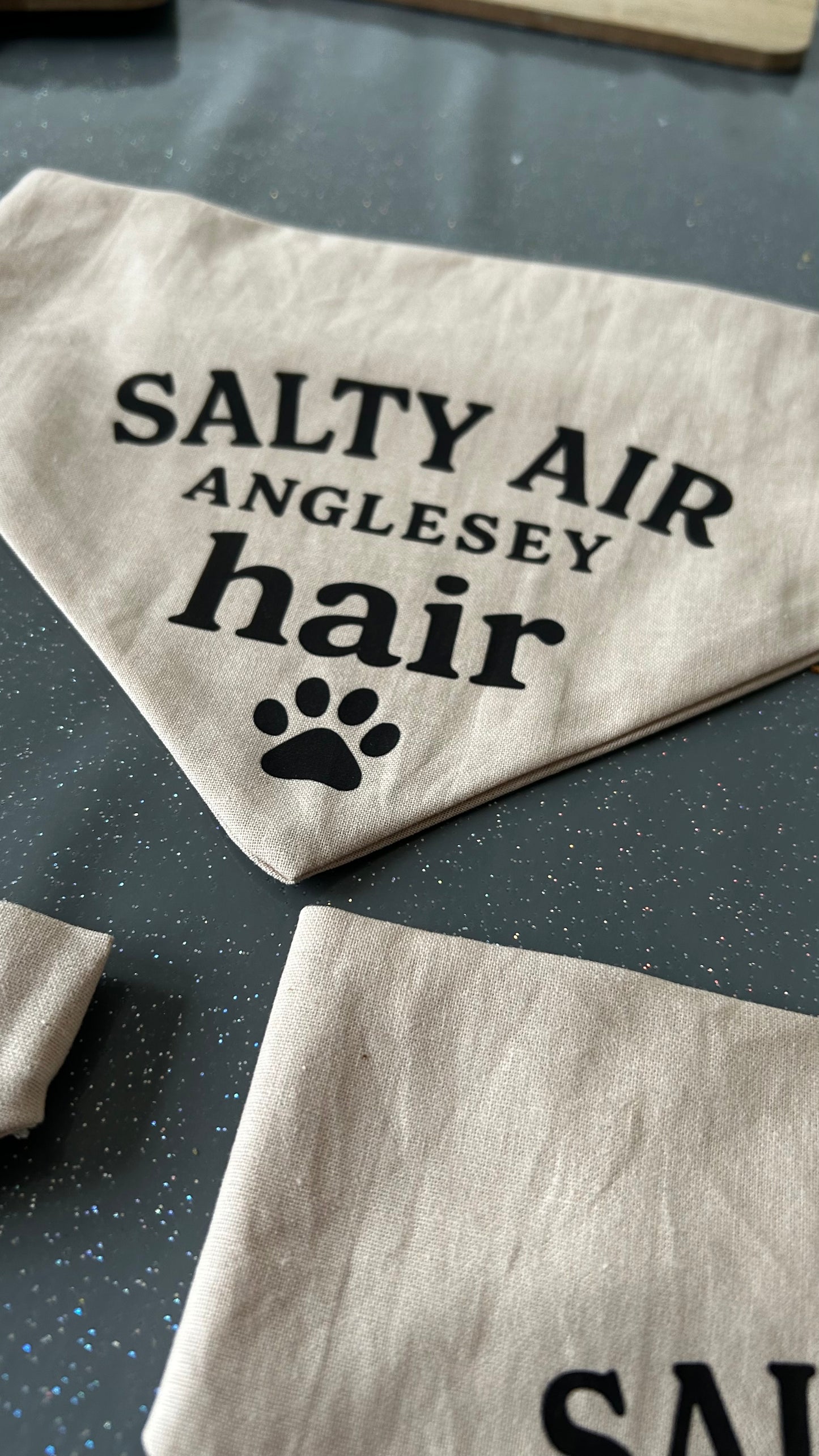 Handmade in the UK - Salty air, Anglesey hair Dog Bandanas in Almond š¾