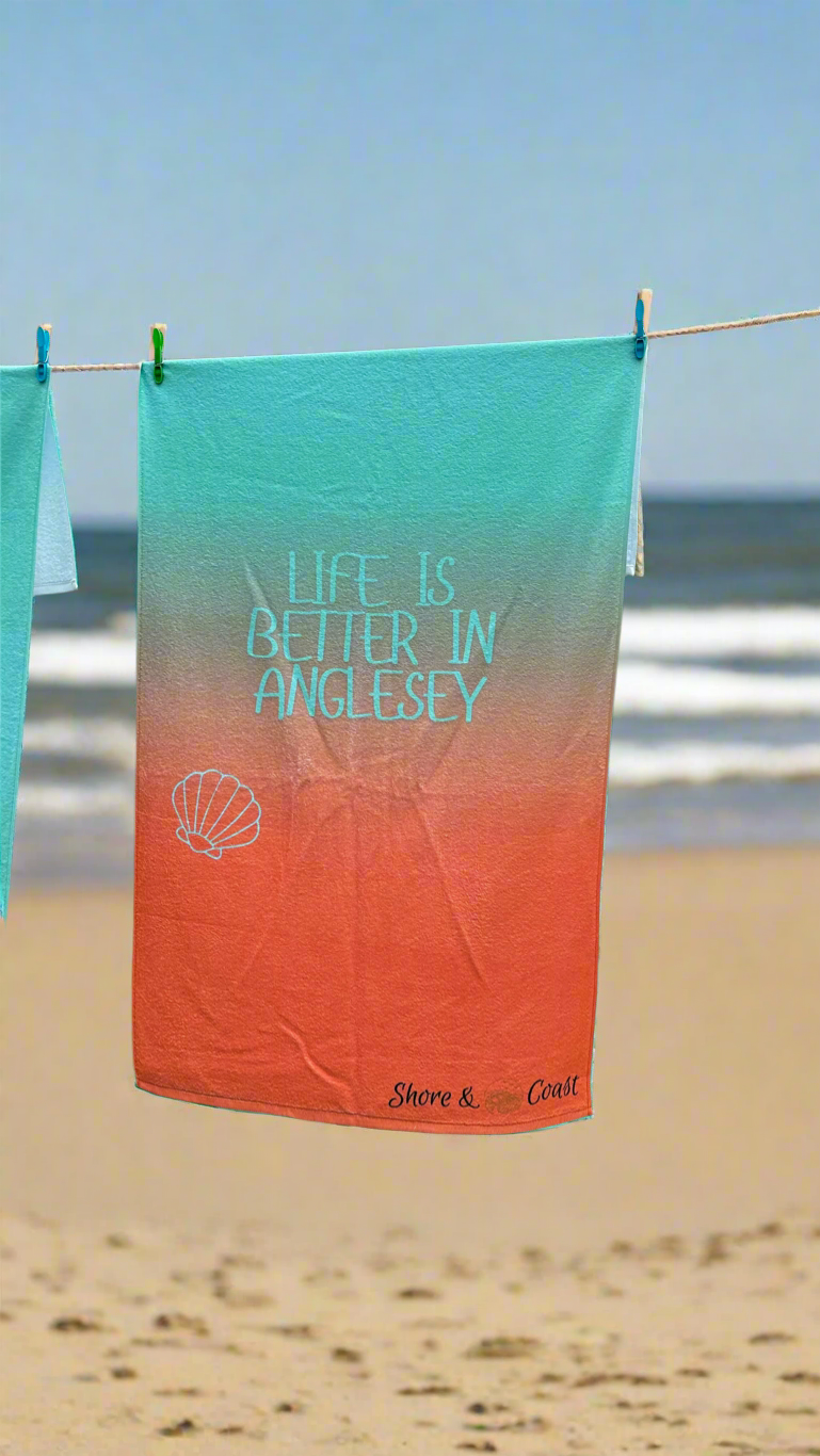 Life is Better in Anglesey – Mint & Orange Microfibre & Cotton loops Beach Towel by Shore & Coast 🐚