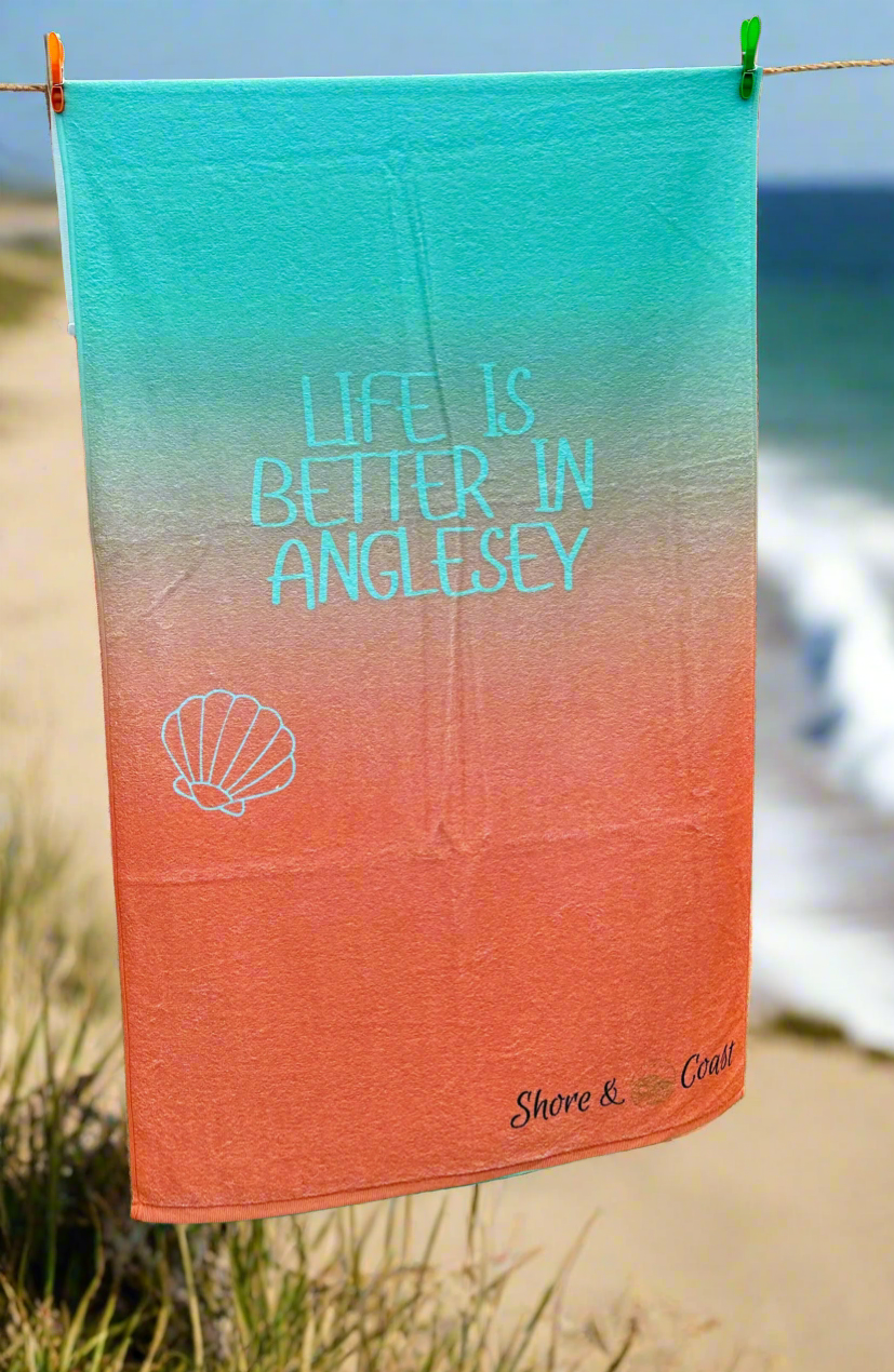 Life is Better in Anglesey – Mint & Orange Microfibre & Cotton loops Beach Towel by Shore & Coast 🐚