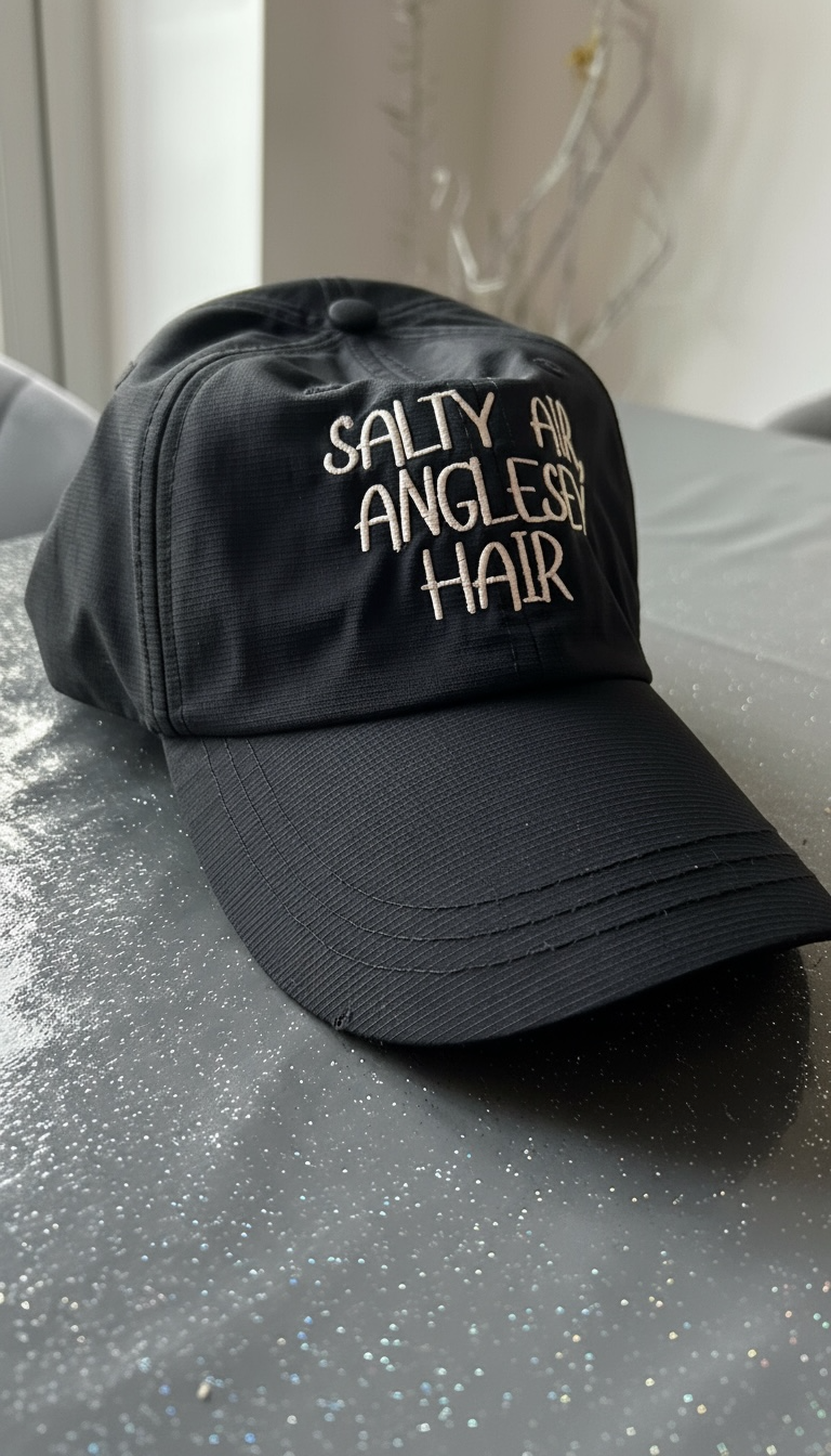 đ€ Salty air, Anglesey hair Baseball Cap in Black with Cream embroidery đ