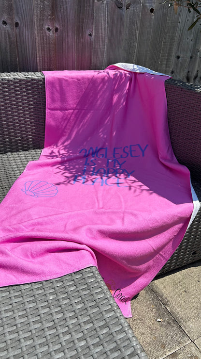 Anglesey Is My Happy Place – Pink Microfibre Beach Towel Shore & Coast