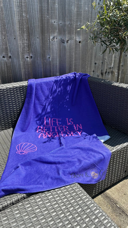 Life is Better in Anglesey – Purple Microfibre & Cotton loops Beach Towel - Shore & Coast