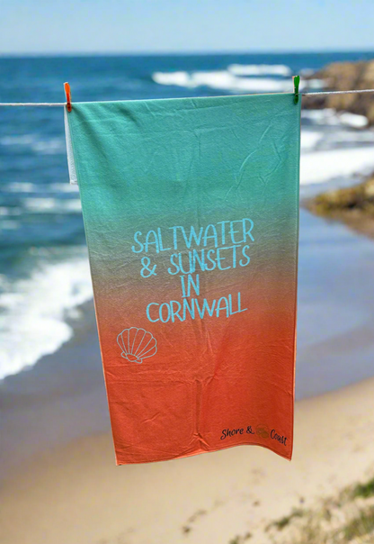 Saltwater & Sunsets in Cornwall Beach Towel Mint & Orange Ombré 🍃🧡