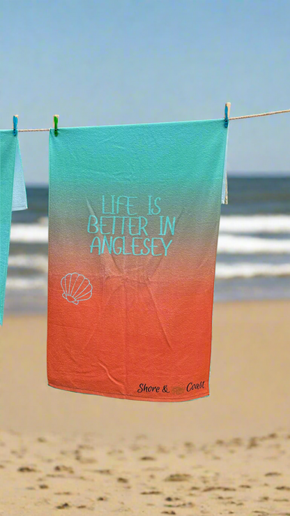 Life is Better in Anglesey – Mint & Orange Microfibre & Cotton loops Beach Towel by Shore & Coast 🐚