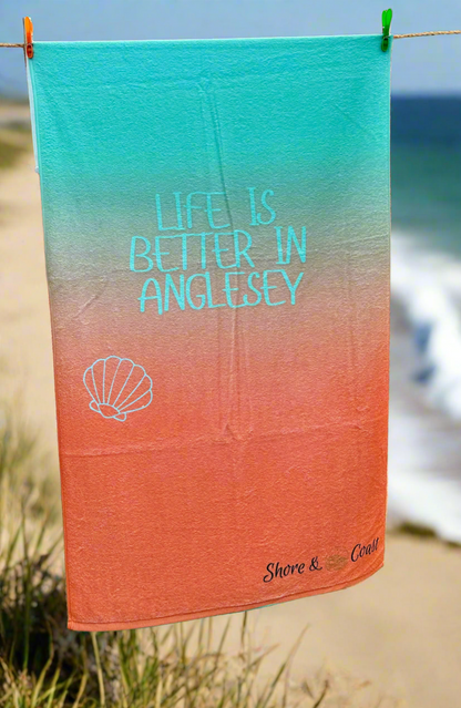 Life is Better in Anglesey – Mint & Orange Microfibre & Cotton loops Beach Towel by Shore & Coast 🐚