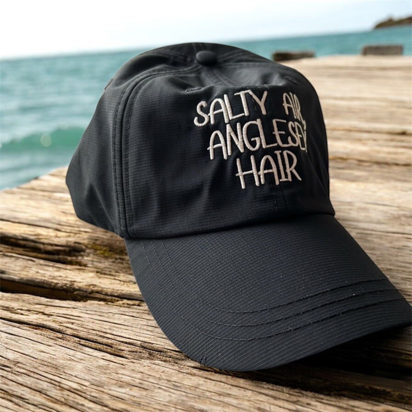 🖤 Salty air, Anglesey hair Baseball Cap in Black with Cream embroidery 🐚